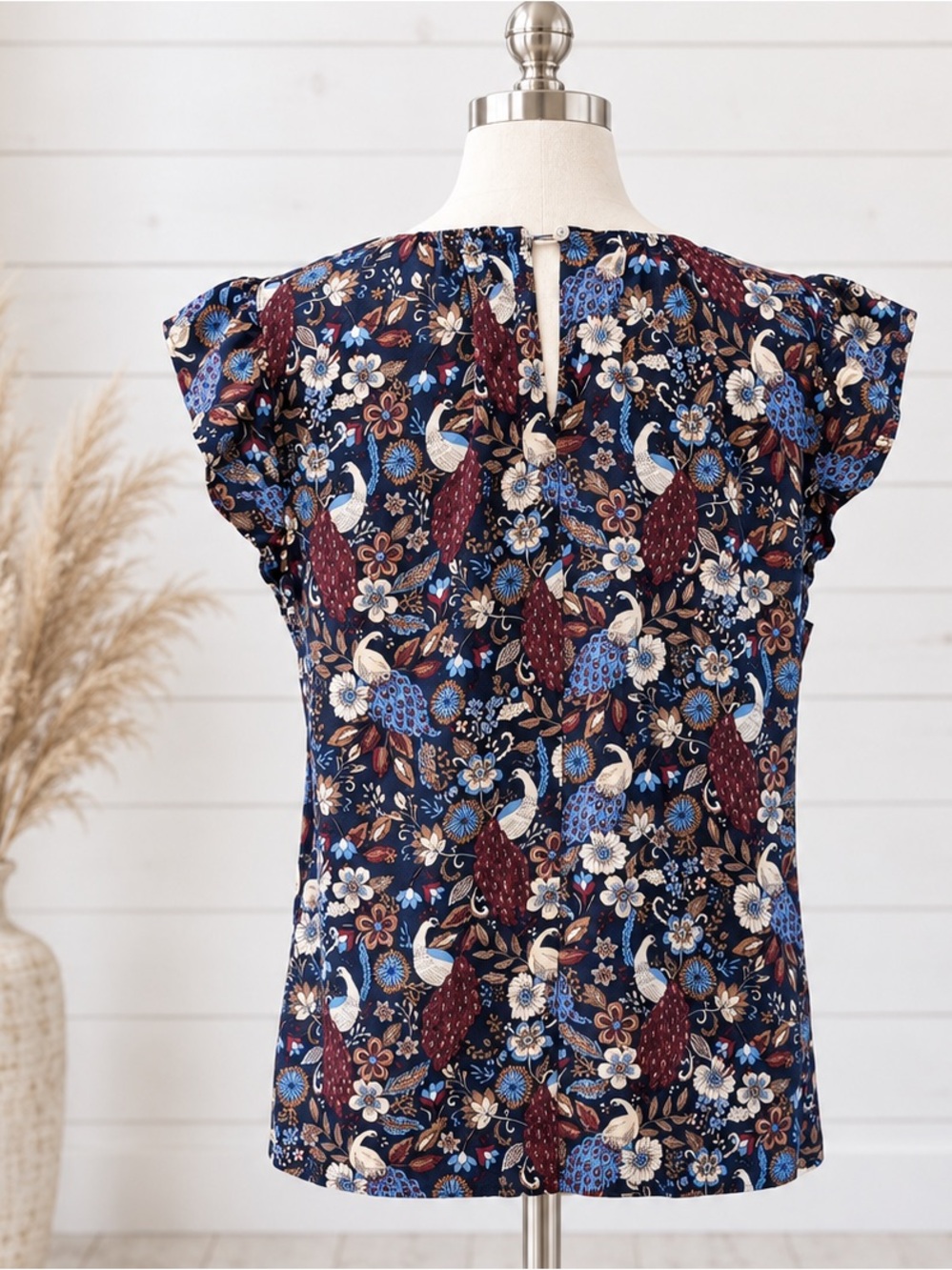 LOFT Navy Floral Cap Sleeve Blouse